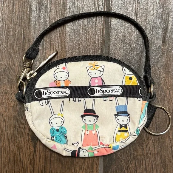 LeSportsac Round Wristlet Pouch in Cream with Multicolor Bunny Picnic Print - Picture 7 of 10